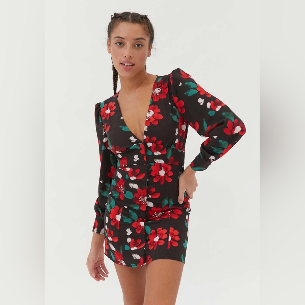 Urban Outfitters Michelle Plunging Long Sleeve Floral Mini Dress